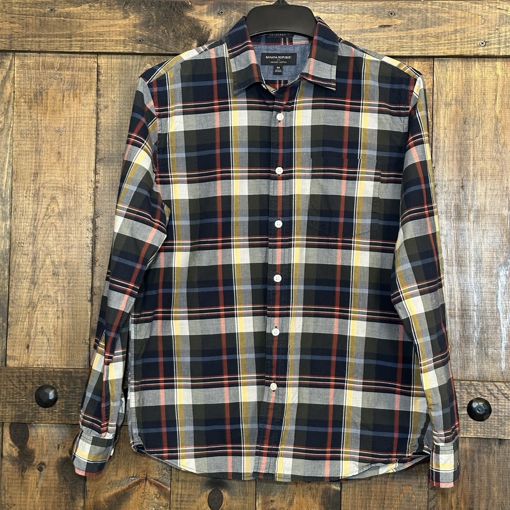 Banana Republic Untucked Fit Plaid Button Down Long Sleeve Shirt Mens XL‎